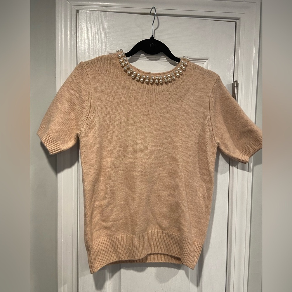 Truth Size S Beaded Pearl Neck Short Sleeve Pink Knit Sweater Top Keyhole Back